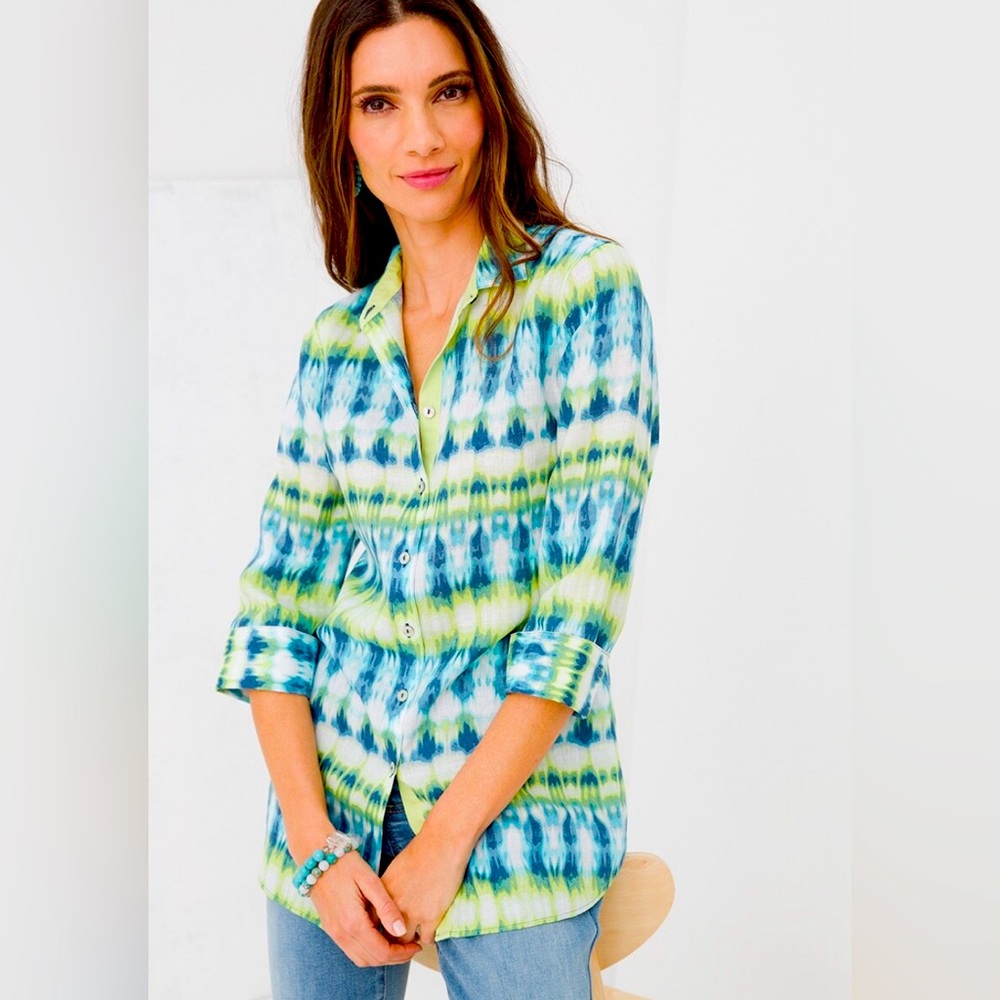 “Chico’s” Linen Ikat-Print Shirt